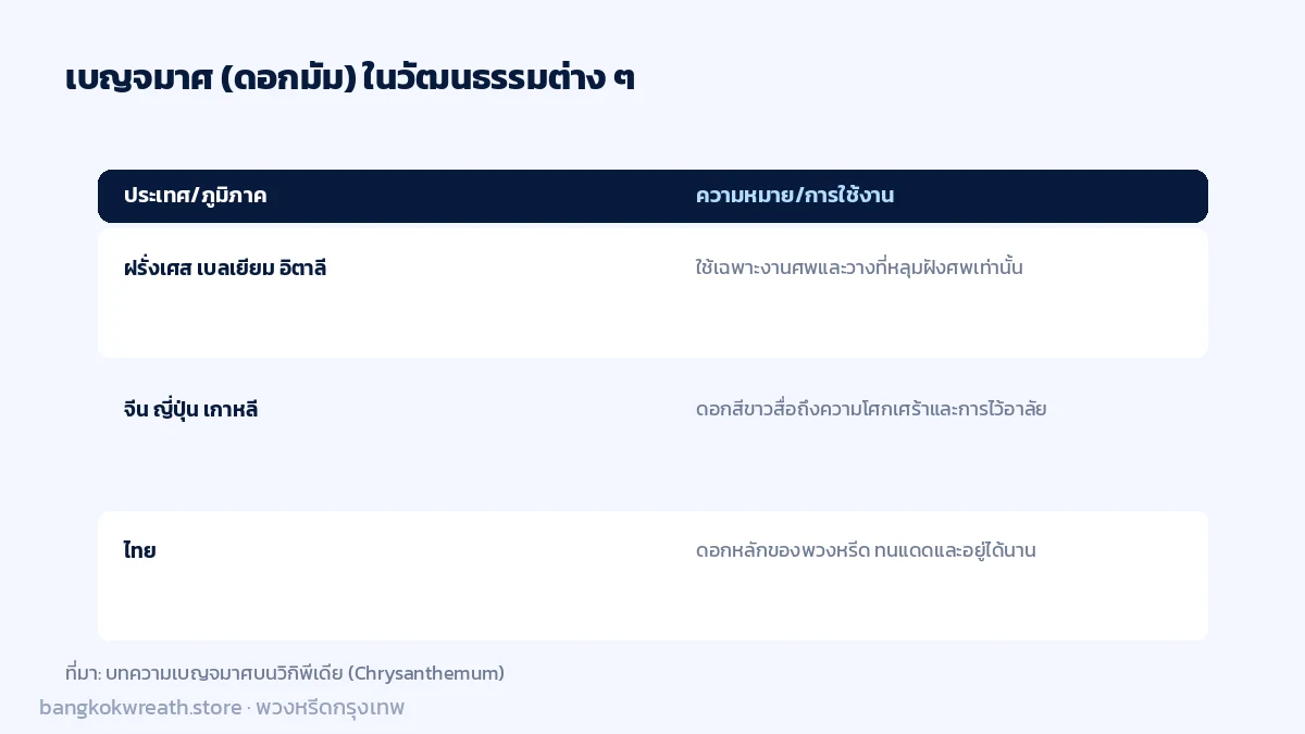 ความหมายของเบญจมาศในงานศพของแต่ละประเทศ ฝรั่งเศส อิตาลี จีน ญี่ปุ่น เกาหลี และไทย