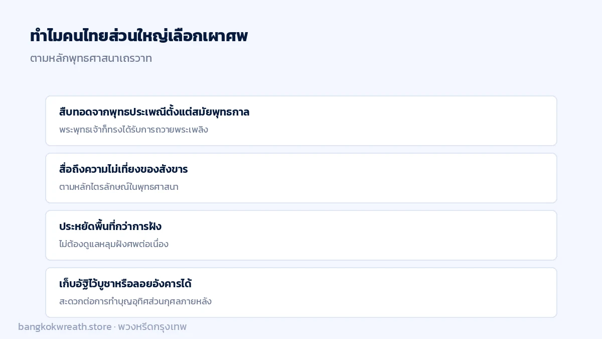 4 เหตุผลที่คนไทยนิยมเผาศพ สืบทอดพุทธประเพณี ไม่เที่ยงของสังขาร ประหยัดพื้นที่ เก็บอัฐิบูชาได้