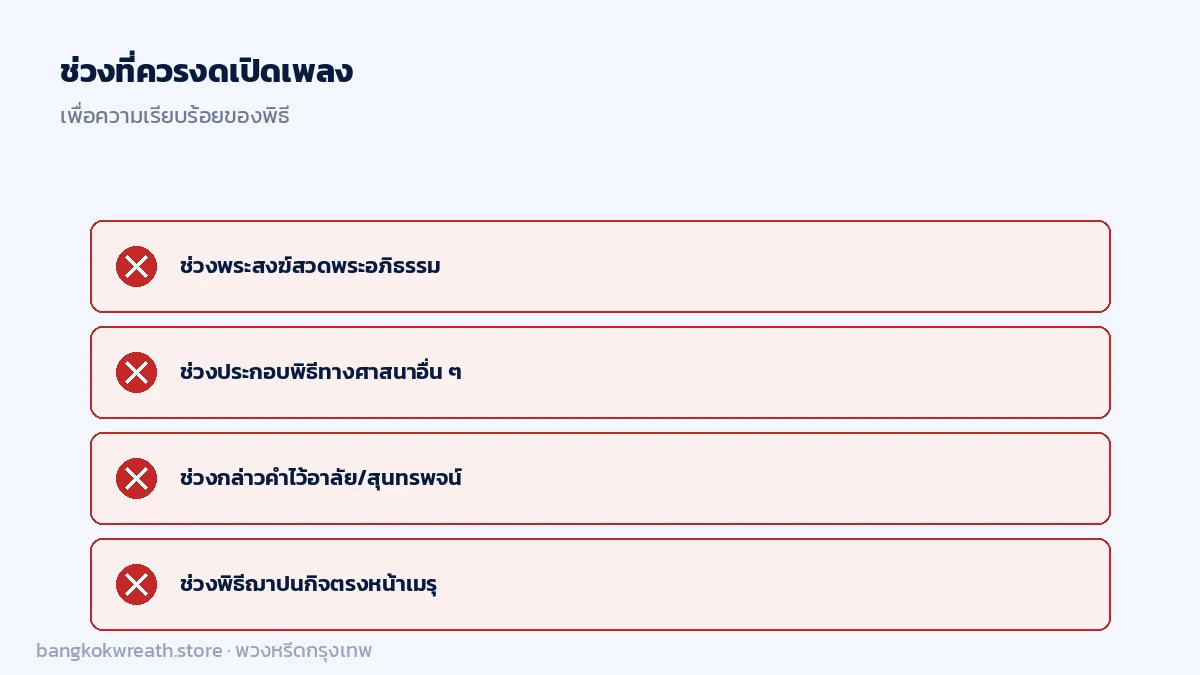 ช่วงที่ควรงดเปิดเพลงในงานศพ พระสงฆ์สวดพระอภิธรรม พิธีทางศาสนา และช่วงกล่าวคำไว้อาลัย