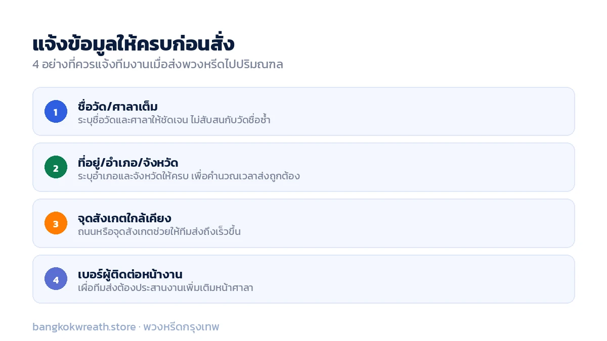 4 ข้อมูลที่ควรแจ้งทีมงานก่อนสั่งพวงหรีดส่งปริมณฑล ชื่อวัด ที่อยู่ครบ จุดสังเกต และเบอร์ผู้ติดต่อ