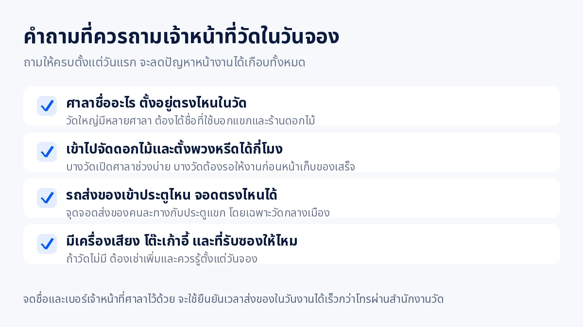 รายการคำถามที่ควรถามเจ้าหน้าที่วัดในวันจองศาลา เรื่องชื่อศาลา เวลาเข้าจัด ทางเข้ารถส่งของ และอุปกรณ์